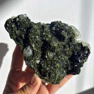Large Forest Epidote with Chlorite Quartz / Rare Epidote and Quartz Specimen with Chlorite-Included Quartz Points / Sparkly Epidote