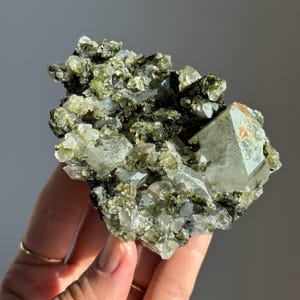 Medium Size Forest Epidote Cluster with Phantom Quartz / Epidote and Quartz Specimen with Chlorite-Included Quartz Points / Sparkly Epidote