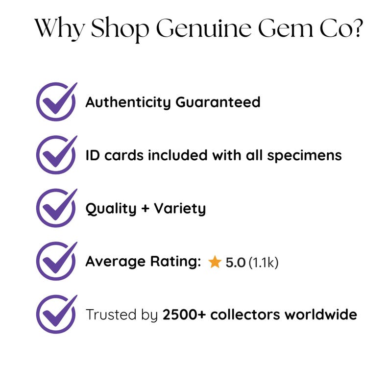 May include: An informational graphic titled Why Shop Genuine Gem Co? featuring five purple checkmark icons next to text points: Authenticity Guaranteed, ID cards included with all specimens, Quality + Variety, Average Rating: 5.0 (1.1k), and Trusted by 2500+ collectors worldwide.
