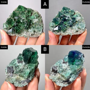 May include: Two clusters of green fluorite crystals labeled A and B, shown in both indoor and outdoor lighting. Cluster A features a dense arrangement of small, translucent green crystals. Cluster B displays larger, deep green and blue crystals.