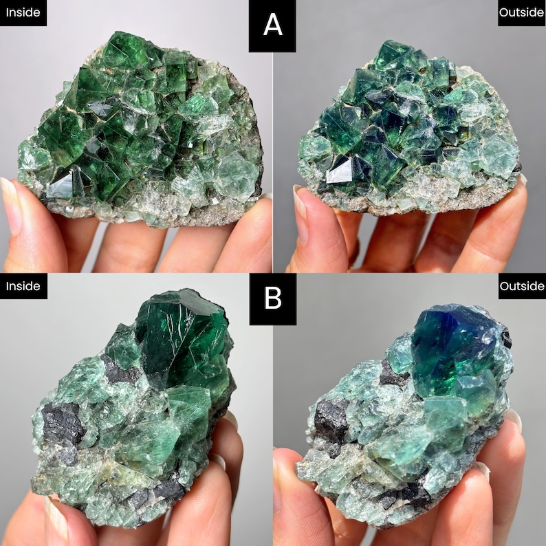 May include: Two clusters of green fluorite crystals labeled A and B, shown in both indoor and outdoor lighting. Cluster A features a dense arrangement of small, translucent green crystals. Cluster B displays larger, deep green and blue crystals.