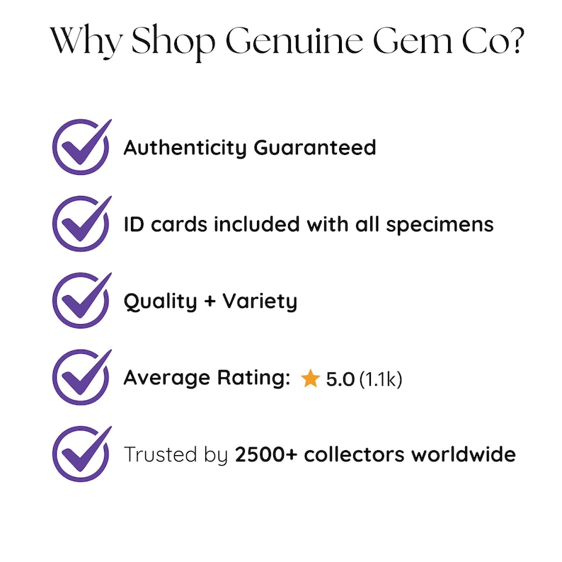 May include: An informational graphic titled Why Shop Genuine Gem Co? featuring five purple checkmark icons next to text points: Authenticity Guaranteed, ID cards included with all specimens, Quality + Variety, Average Rating: 5.0 (1.1k), and Trusted by 2500+ collectors worldwide.