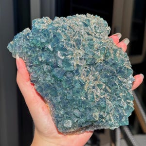 Large Daylight Fluorescent Fluorite with Quartz and Chalcopyrite from Akwana Mine, Nigeria / Color Changing Green Blue Crystal