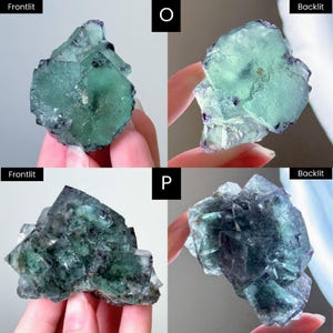 以下が含まれることがあります： 4つの蛍石の結晶の画像。左上の画像は、緑色の蛍石の結晶の前面からの画像です。右上の画像は、緑色の蛍石の結晶のバックライト画像です。左下の画像は、濃い緑色の蛍石の結晶の前面からの画像です。右下の画像は、濃い緑色の蛍石の結晶のバックライト画像です。