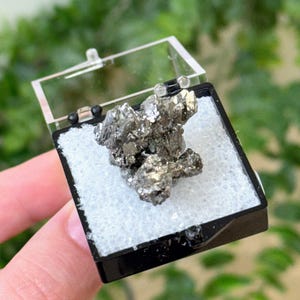 May include: A metallic pyrite mineral cluster with a brassy, reflective surface and cubic crystal formations. The specimen is displayed inside a small, square black plastic box with a clear hinged lid, resting on a white foam insert.