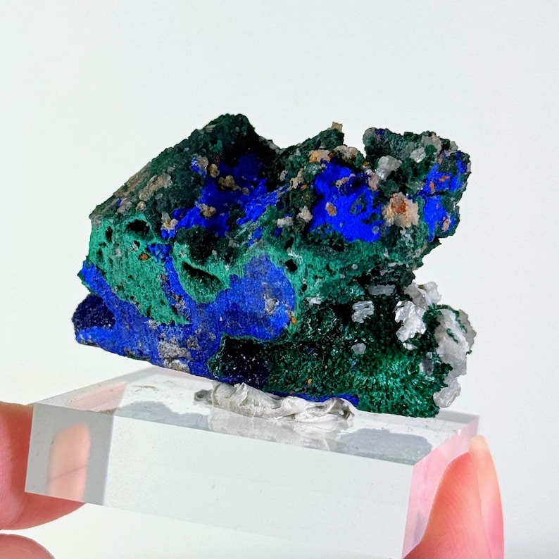 May include: A raw mineral specimen featuring a vibrant combination of deep blue azurite and textured green malachite, accented with small crystalline formations, mounted on a clear rectangular acrylic display base for stability.