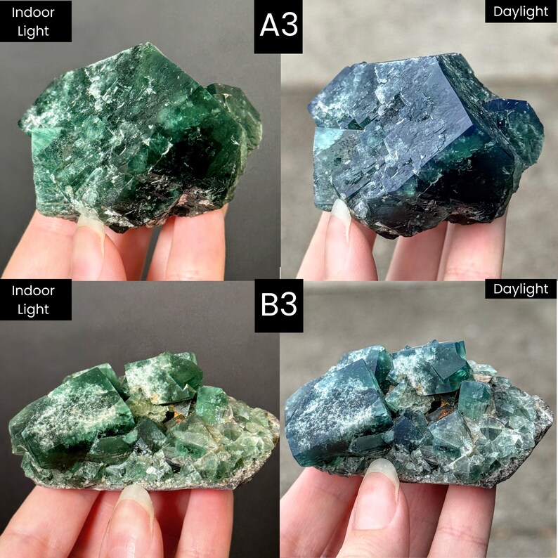 May include: A collection of green fluorite crystal specimens labeled A3 and B3, shown under indoor light and daylight. The crystals feature geometric, cubic structures with translucent and opaque green facets, displaying variations in color depth.