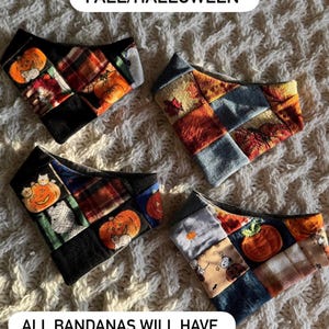 May include: Four triangular pet bandanas featuring patchwork designs with orange pumpkins, autumn leaves, and cartoon characters. Text overlays read SMALL FALL/HALLOWEEN and ALL BANDANAS WILL HAVE A NOVA DOOD TAG SEWN ON THE LOWER RIGHT SIDE.