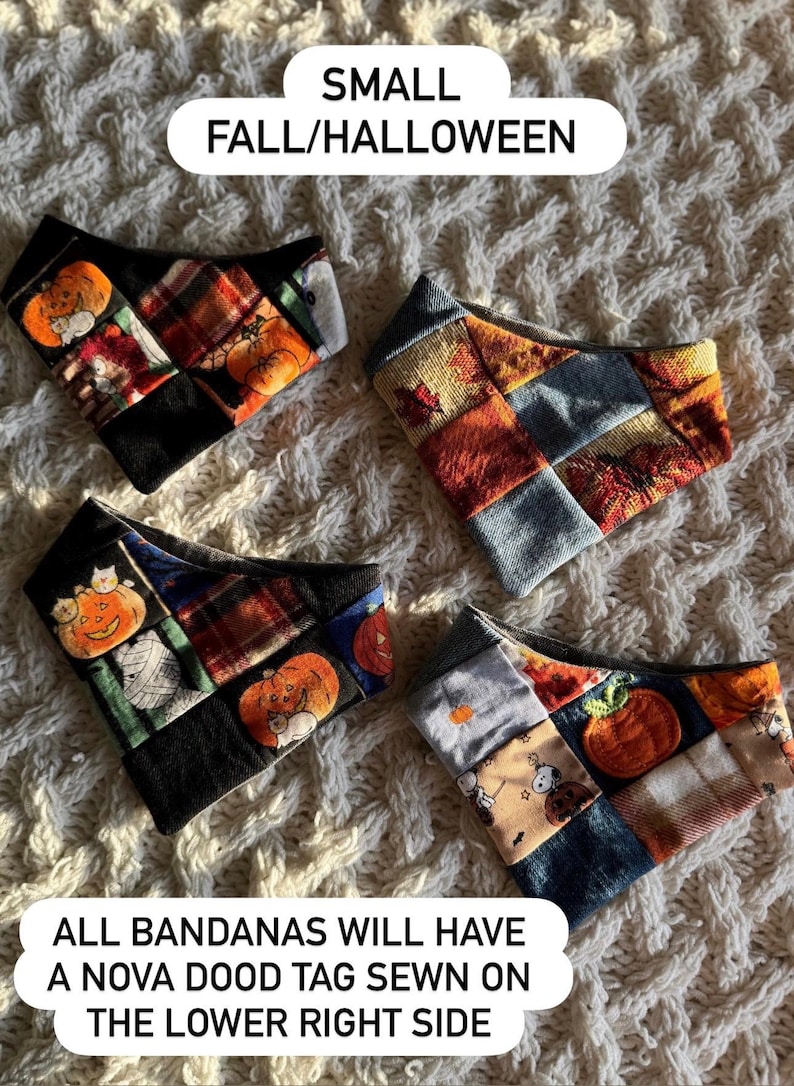 May include: Four triangular pet bandanas featuring patchwork designs with orange pumpkins, autumn leaves, and cartoon characters. Text overlays read SMALL FALL/HALLOWEEN and ALL BANDANAS WILL HAVE A NOVA DOOD TAG SEWN ON THE LOWER RIGHT SIDE.