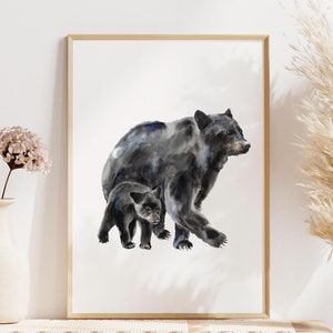 Black Bear painting Mama Bear with cub wall art Baby Bear nursery decor Black White print Log Cabin decor Wildlife Animal painting PRINTABLE