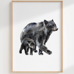 Black Bear Mama and Cub Watercolor Print: Nursery Wall Art PRINTABLE Log Cabin decor