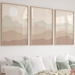 Boho Mountain Landscape Print Set of 3: Earth Tone Minimalist Art (Digital Download)