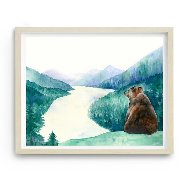 Grizzly Bear wall art Wildlife print Mountain river landscape Brown Bear painting Forest Animal art Nature print Log cabin decor PRINTABLE