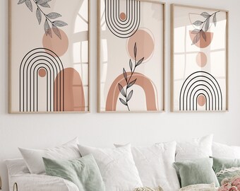 Mid Century Modern wall art Set of 3 prints Abstract boho arch wall art Geometric rainbow Neutral Warm Earth tone wall art PRINTABLE