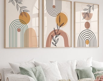 Mid Century Modern wall art Set of 3 Abstract Boho prints Geometric rainbow Arch wall art Beige Mustard yellow Mid Mod wall art PRINTABLE