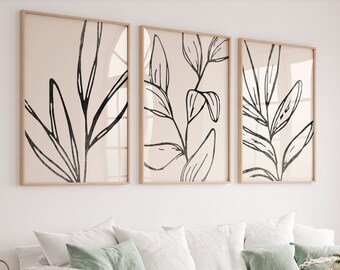 Botanical line art Set of 3 prints Boho leaves line art Abstract leaves line art Simple wall art Neutral prints Triptych wall art PRINTABLE