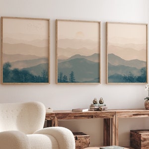 Blue Ridge Mountains Vintage wall art Set of 3 Muted landscape print Smoky Mountains art Neutral Nature prints Triptych wall art PRINTABLE