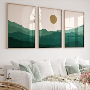 Green mountain wall art Abstract landscape prints Emerald Dark green wall wall Set of 3 Nature prints Triptych wall art Sunset art PRINTABLE