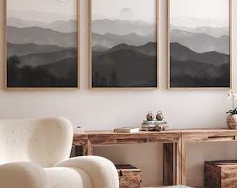 Black & White Mountain Triptych Wall Art, Minimalist Muted Landscape Prints Set (Digital Download)