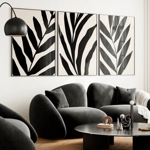 Black white abstract wall art set of 3 prints Black botanical prints Trendy minimalist wall decor Plant leaves prints Black leaf PRINTABLE