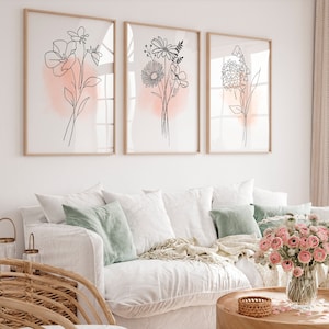 Floral line art Flowers print Wildflower botanical prints Set of 3 Neutral minimalist Boho Triptych wall art Aesthetic room decor PRINTABLE