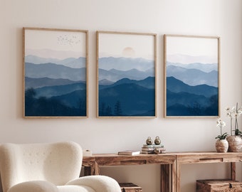 Blue Ridge Mountains wall art Set of 3 Landscape prints Navy blue wall art Nature triptych Blue Ridge Parkway North Carolina PRINTABLE ART