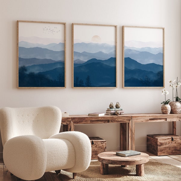 Blue Ridge Mountains wall art Set of 3 Landscape prints Navy blue wall art Nature triptych Blue Ridge Parkway North Carolina PRINTABLE ART