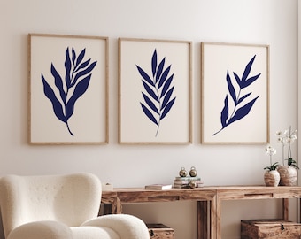 Blue leaf print Abstract leaves wall art Botanical print Set of 3 Navy blue wall art Minimalist abstract wall art Dark blue prints PRINTABLE
