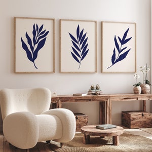 Blue leaf print Abstract leaves wall art Botanical print Set of 3 Navy blue wall art Minimalist abstract wall art Dark blue prints PRINTABLE