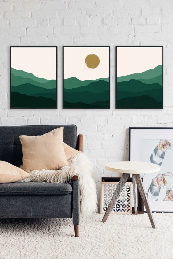 Green Mountain Wall Art Set of 3 Printable Abstract Landscape Etsy