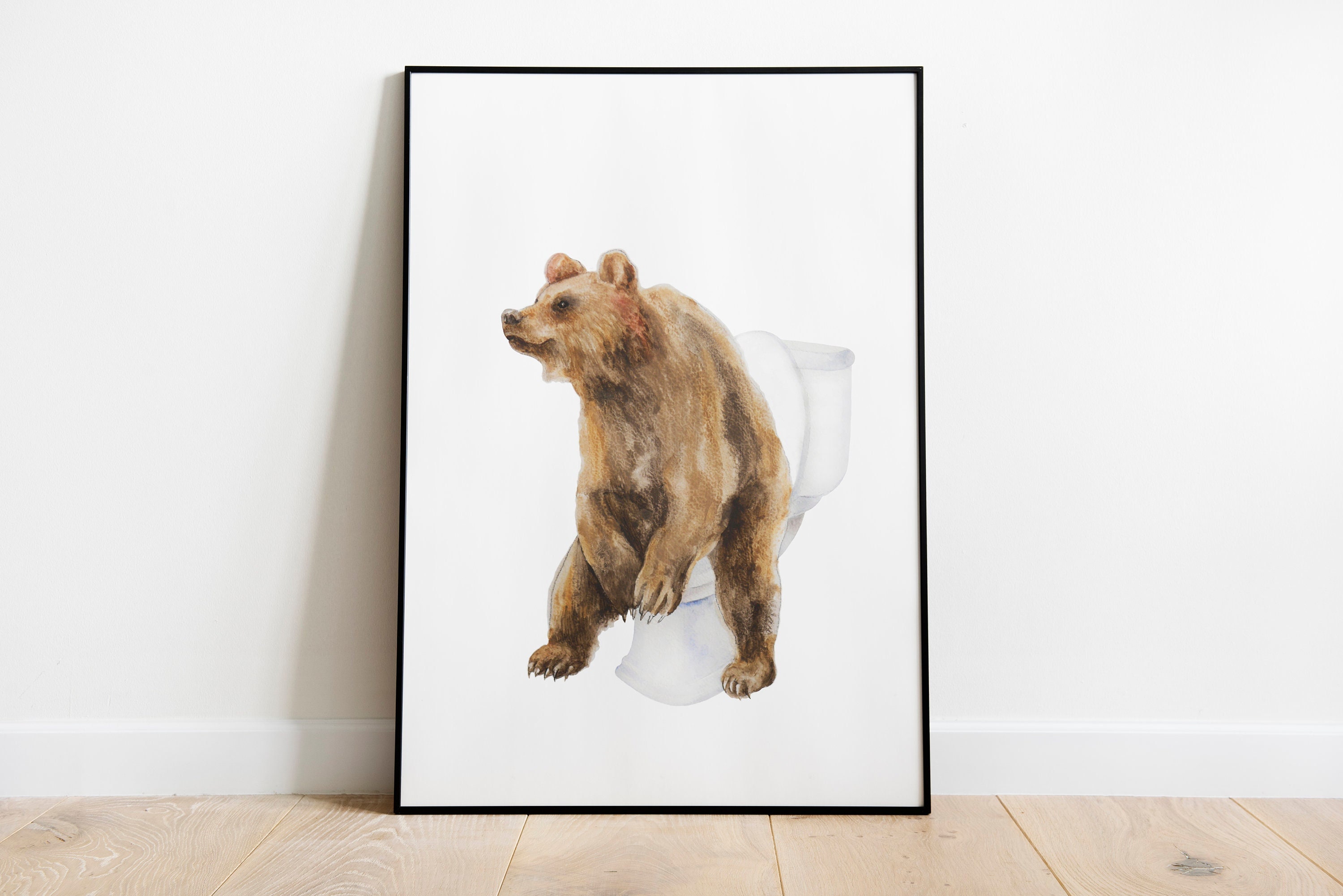 Grizzly Bear on Toilet Art Kids Bathroom Wall Art Animal on Toilet