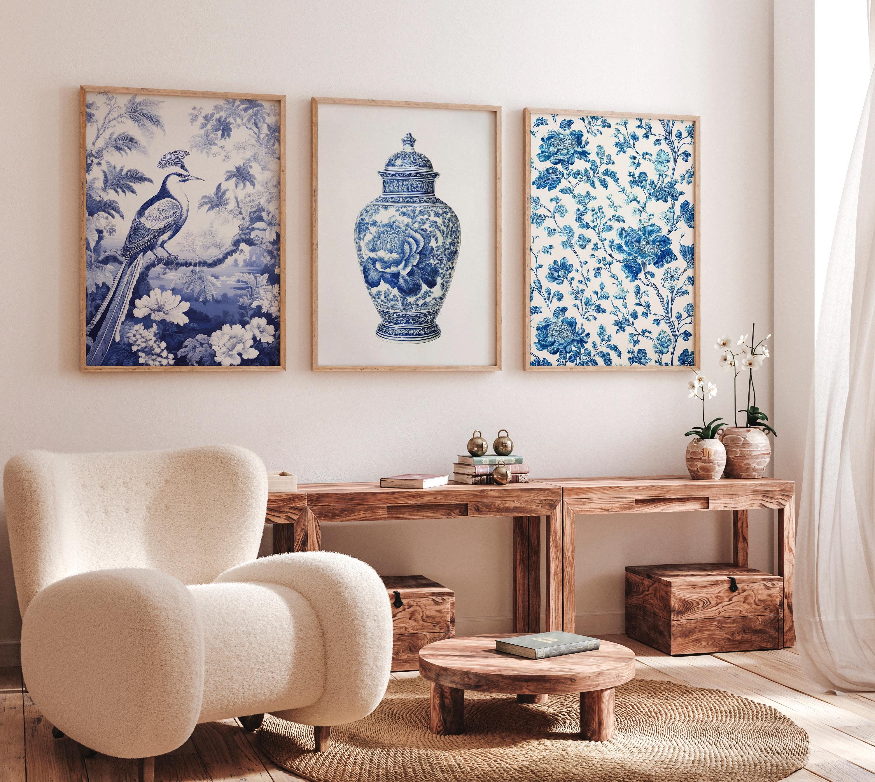 Blue Chinoiserie Wall Art Set: Vintage Asian Botanical Prints (digital ...