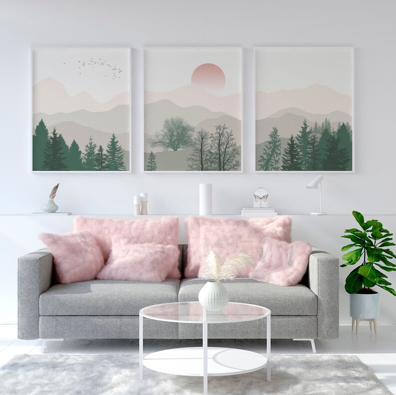 Mountain Wall Art Nature Prints Set of 3 Green Gray Wall Art Etsy