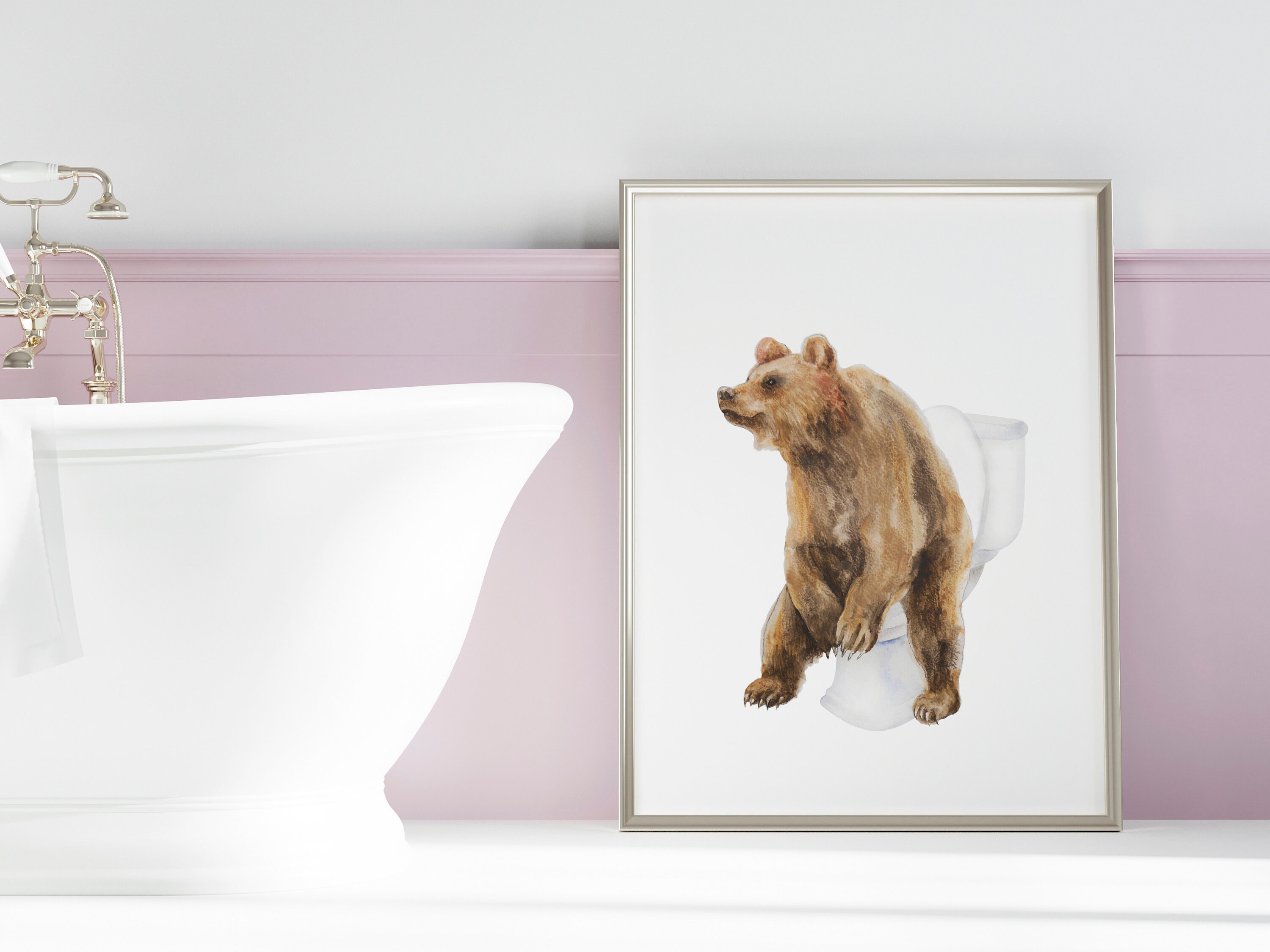 Grizzly Bear on Toilet Art Kids Bathroom Wall Art Animal on Toilet