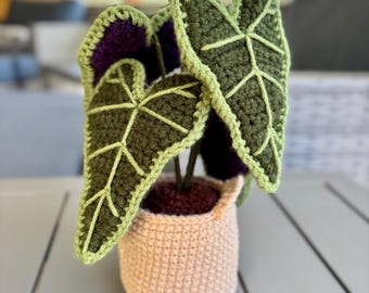 WZÓR: Wzór na szydełkową roślinę alokazję, Rośliny szydełkowe, Roślina doniczkowa szydełkowa, Wzory roślin szydełkowych amigurumi, Dekoracja szydełkowa na biurko
