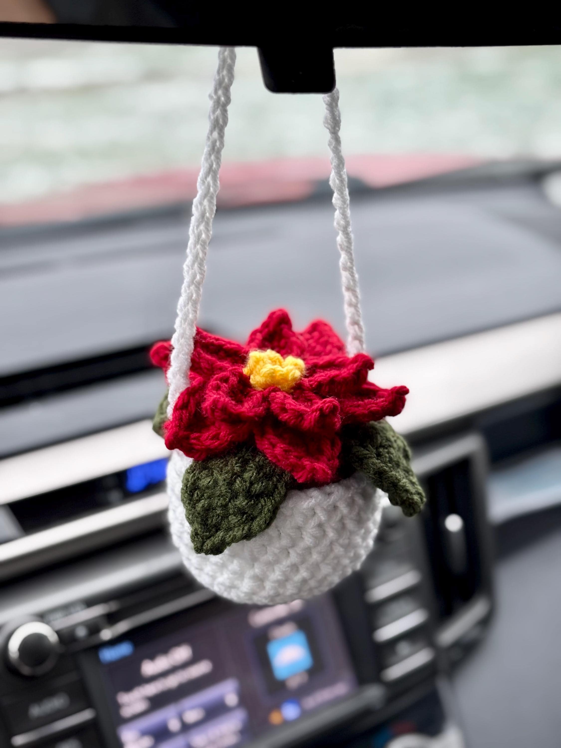 38 Hanging Plant Crochet Patterns to Brighten Your Home and Car Decor 4 Pattern: Poinsettia Car Hanging Plant Crochet