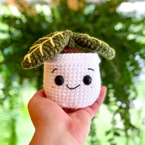 May include: A crocheted plant pot with a smiling face and green leaves. The pot is white and has black eyes. The leaves are green and yellow.