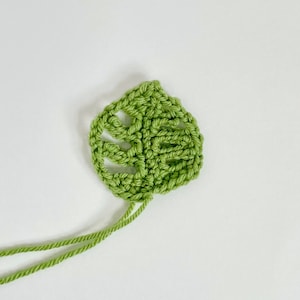 May include: A green crocheted leaf with a long tail of yarn.