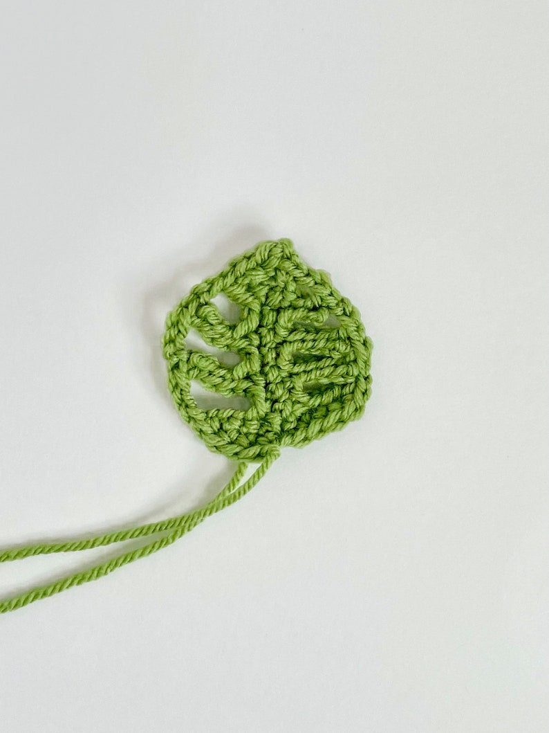 May include: A green crocheted leaf with a long tail of yarn.