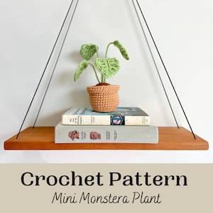 May include: A crochet pattern for a mini monstera plant, shown on a wooden shelf with books. The plant is green and brown and is in a small pot.