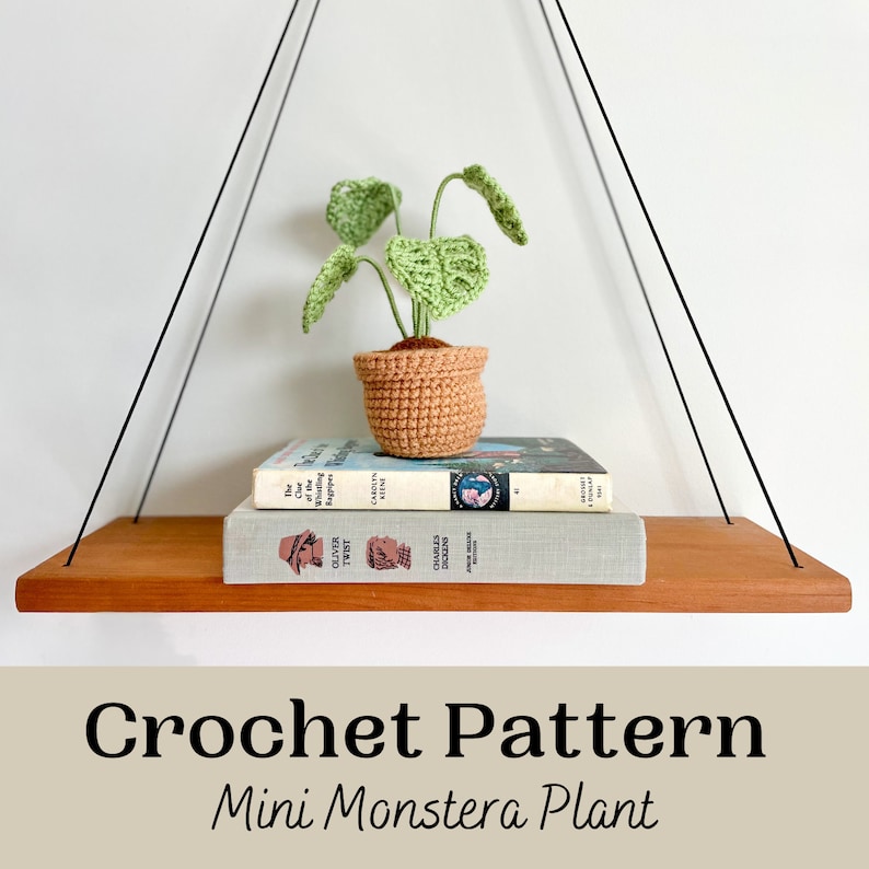 May include: A crochet pattern for a mini monstera plant, shown on a wooden shelf with books. The plant is green and brown and is in a small pot.