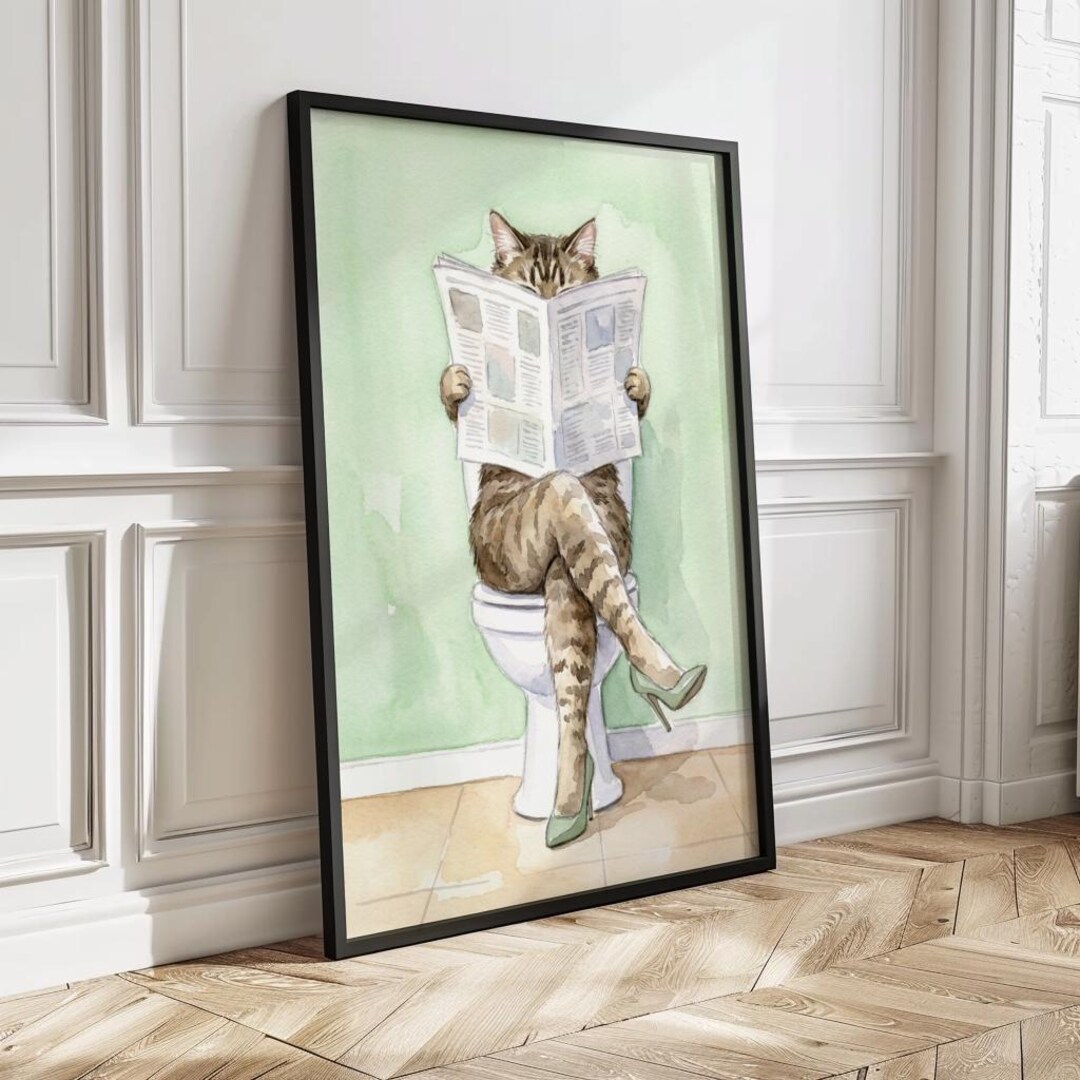 Funny Cat Bathroom Wall Art Printable, Glam Animal on Toilet Holding ...