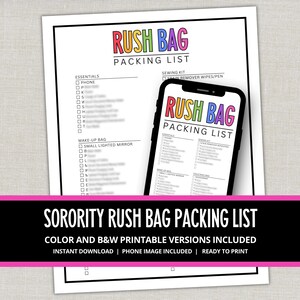 Pode incluir: Uma lista de embalagem imprimível para a bolsa de corrida da irmandade. A lista está em um fundo branco com uma borda preta. As palavras "RUSH BAG PACKING LIST" estão em letras coloridas. Um smartphone exibe a mesma lista. O texto "SORORITY RUSH BAG PACKING LIST" está na parte inferior.