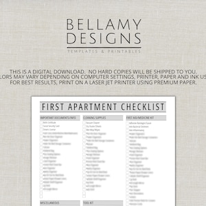 May include: A printable checklist for a first apartment, featuring sections for important documents, cleaning supplies, and a first aid kit. The document is designed by Bellamy Designs and is a digital download.