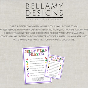 May include: Two printable "Jelly Bean Prayer" cards. The larger card has a purple border and features colorful jelly beans with corresponding text. The smaller card has the same design. The top of the cards read "BELLAMY DESIGNS TEMPLATES & PRINTABLES".