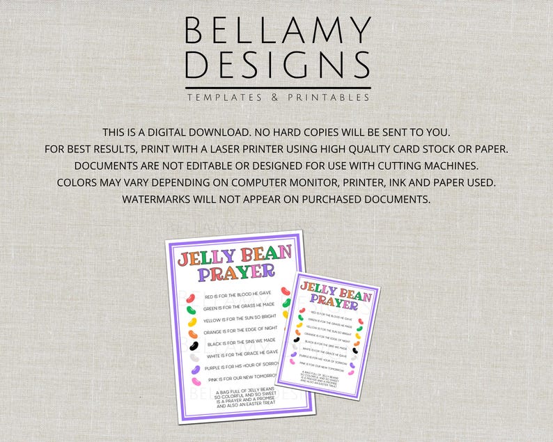May include: Two printable "Jelly Bean Prayer" cards. The larger card has a purple border and features colorful jelly beans with corresponding text. The smaller card has the same design. The top of the cards read "BELLAMY DESIGNS TEMPLATES & PRINTABLES".