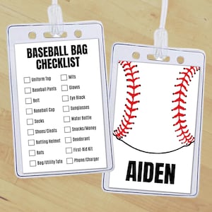 Bearbeitbarer Baseball-Taschenanhänger, benutzerdefinierte Checkliste für Baseballausrüstung Checkliste Namensschild für Schule und Club Sportrucksack oder Packliste