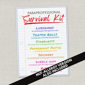Paraprofessional Survival Kit Tag, Wertschätzung Geschenkanhänger, Goodie Bag Tag für Partygeschenke, Danke Geschenk, Leckerli Tasche bedruckte Gunstanhänger Bild 1