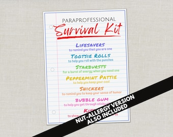 Paraprofessional Survival Kit Tag, Appreciation Gift Tags, Goodie Bag Tag for Party Favors, Thank You Gift, Treat Bag Printed Favor Tags