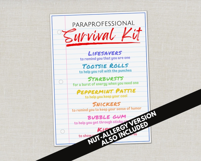 Paraprofessional Survival Kit Tag, Wertschätzung Geschenkanhänger, Goodie Bag Tag für Partygeschenke, Danke Geschenk, Leckerli Tasche bedruckte Gunstanhänger Bild 1